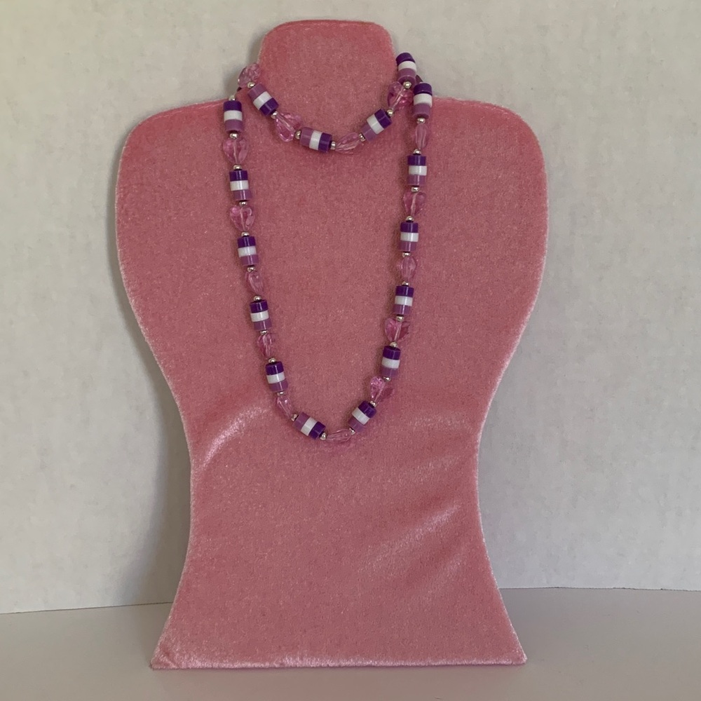 Girls Necklace & Bracelet Set Child’s Size Purple White Beaded Heart Jewelry - Picture 2 of 11
